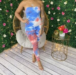 Blue/ white tube jumpsuit